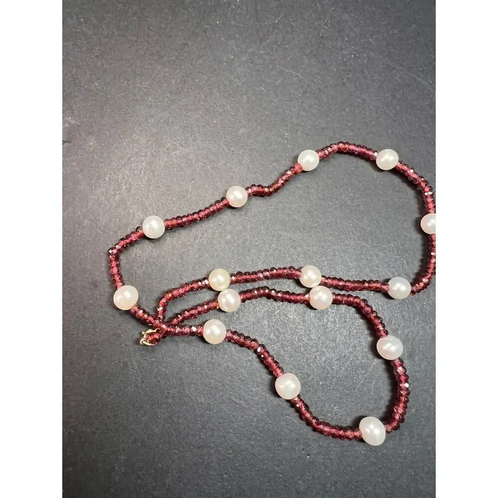 14k gold garnet and pearl station necklace 18 inches